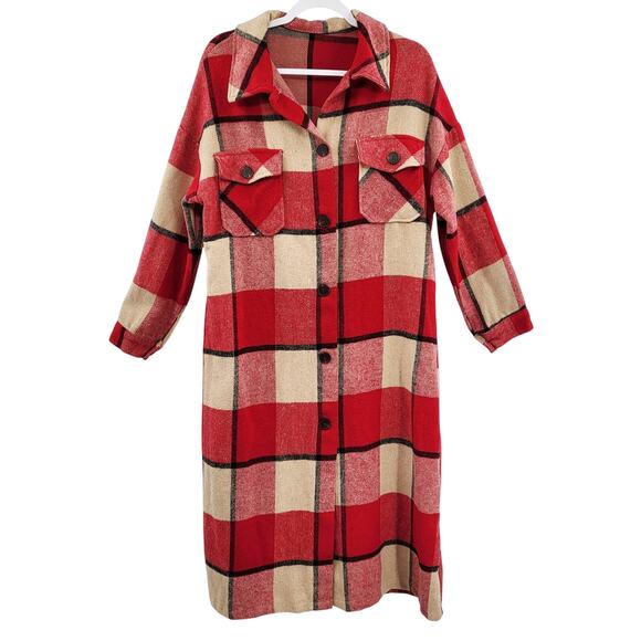 Red Black Beige Longline Long-sleeve Collared Pockets Button-up Coat Women's SM - Picture 1 of 7